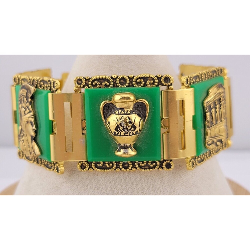 Acropolis Greek Travel Vacation Souvenir Apple Jade Green Lucite Panel Bracelet